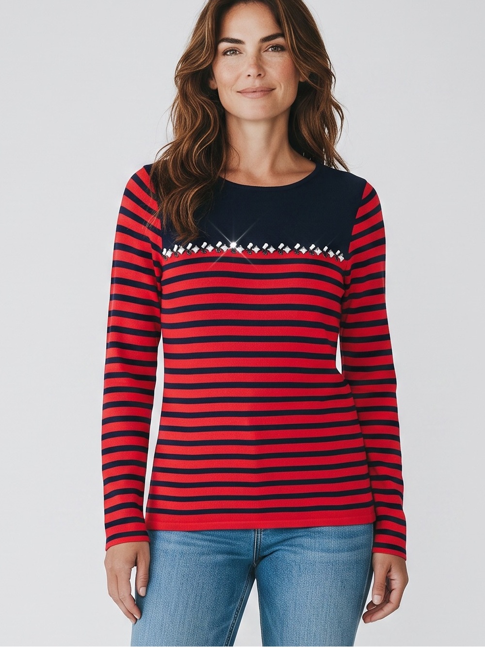 J.Crew Breton-Striped Long Sleeve Wool Blend Sweater With Gems Size XL